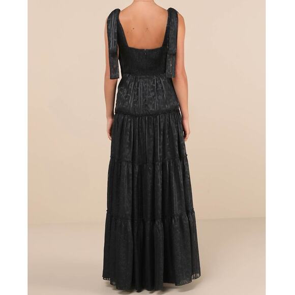 Lulus NWT Picturesque Allure Black Floral Jacquard Tie-Strap Tiered Maxi Dress - Picture 6 of 10